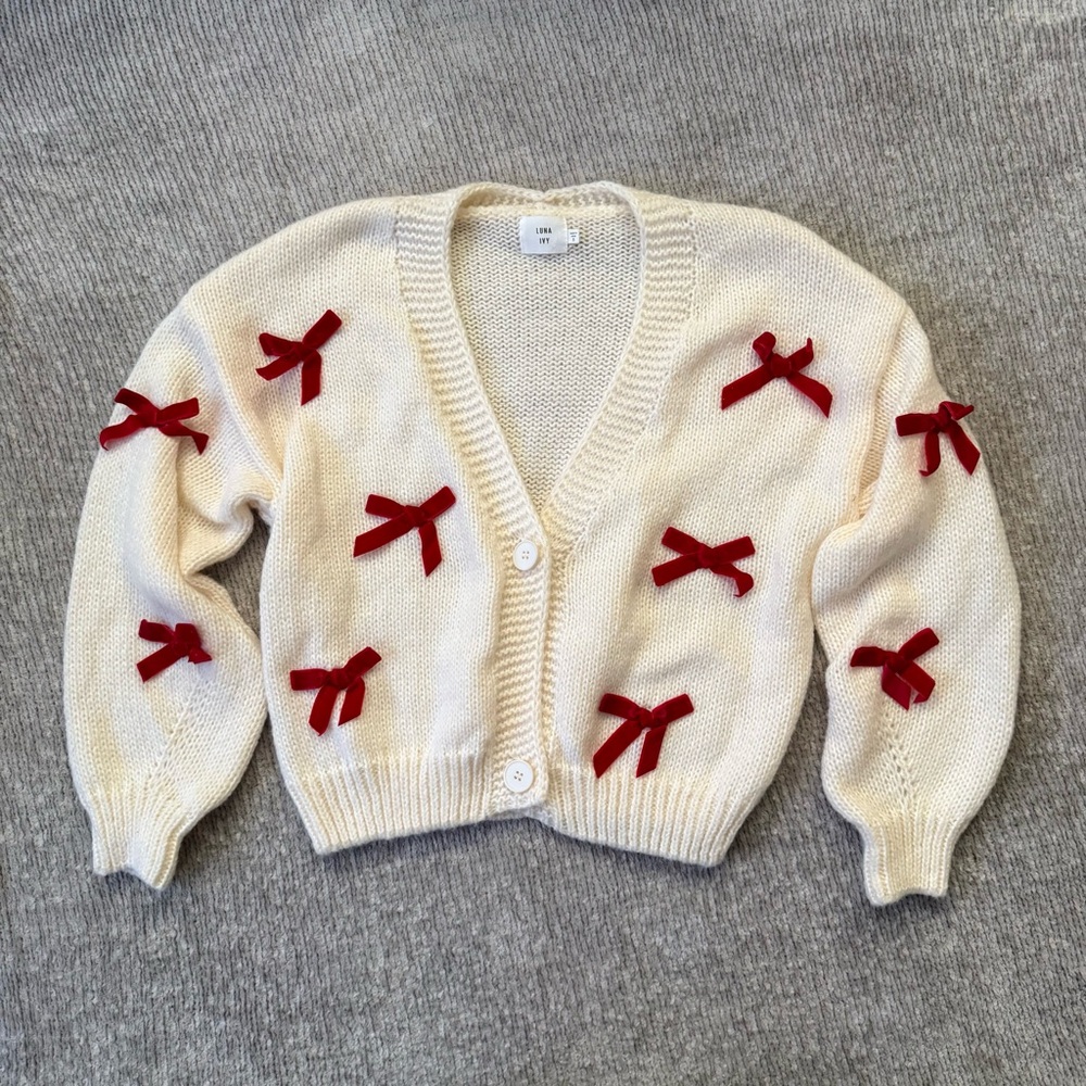 Luna Ivy Cream Cardigan Red Velvet Bow Detail Button Front Sweater Size S